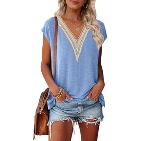 MEROKEETY Women's Casual Cap Sleeve Lace Trim V Neck Tops 2024 Summer Loose Tee Shirts Blouse