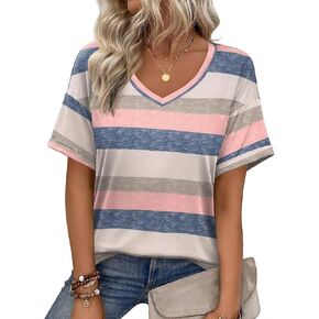 Zeagoo Womens Summer Tops Short Sleeve Casual Shirts Floral Tee Trendy 2024 Basics V Neck Plain Tshirt
