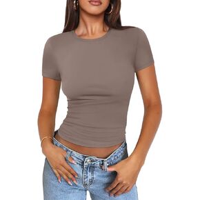 Womens T Shirts Modal Breathable Basic Scoop Neck Short Sleeve Crop Tops Cute Summer Tops Slim Fit Y2k Tees