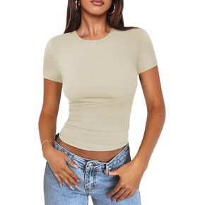 Womens T Shirts Modal Breathable Basic Scoop Neck Short Sleeve Crop Tops Cute Summer Tops Slim Fit Y2k Tees