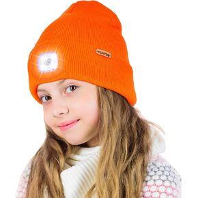 YunTuo Fleece Lined Kids Beanie Headlamp Hat with Light, USB Rechargeable LED Winter Caps, Gifts for Boy Girl