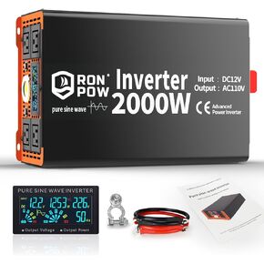 2000 Watt Pure Sine Wave Inverter, 12V DC to 110V AC Inverter, 2000 Watt Power Inverter with 4 AC Outlets and Lights, 2000W Inverter for Truck, Camping, RV Travel, Off-Grid Solar Systems
