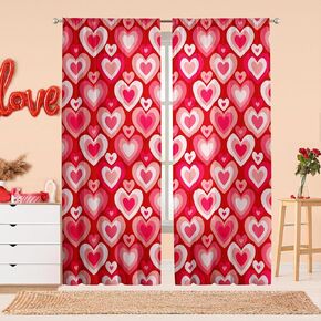 Valentines Curtains for Living Room,Romantic Pink Red Love Heart Semi Sheer Curtains 84 Inches Long 2 Panels,Cute Groovy Window Drapes for Bedroom Abstract 60s 70s Retro Curtains,Valentine's Day Decor