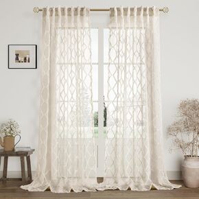 Beige Sheer Curtains 84 Inches Long for Living Room Rod Pocket Back Tab Semi Sheer Curtain Geometric Embroidered Tuft Pom Textured Drapes Earth Tone Farmhouse Rustic Bedroom Nursery Decor Taupe Tan