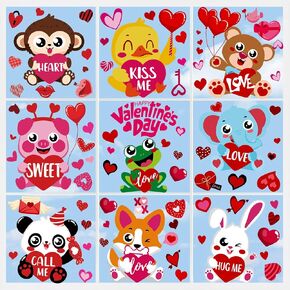 9 Sheets Valentines Window Cling, Double-Sided Valentine's Day Animals Window Stickers Red Pink Love Heart Window Decals for Home School Birthday Wedding Glass Window Decor Party Favors