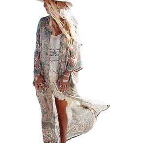 Bsubseach Womens Multicolor Print Long Chiffon Beach Blouses Cardigan Kimono Bikini Cover Up Swimwear Kaftan