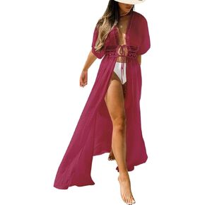 FANCYINN Womens Long Lace Cover up Sheer Bikini Coverups Kimono Tie Front Bathing Suit Swimsuit Beachwear