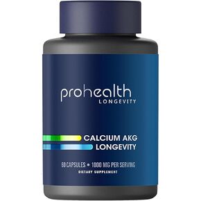 ProHealth Calcium Supplement, Ca AKG Supplement (Alpha Ketoglutarate) (1,000 mg per 2 Capsule Serving, 60 Capsules). Supports Cellular Energy, Metabolic Function and Healthy Aging Processes.