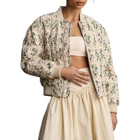 Women’s Floral Bomber Jacket Cropped Zipper Down Long Sleeve Daisy Padded Coat Outwear with Pockets