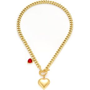 Chunky Heart Necklace Gold/Silver Cuban Chain Necklace for Women Heart Pendant Necklace 18K Gold Plated Trendy Jewelry