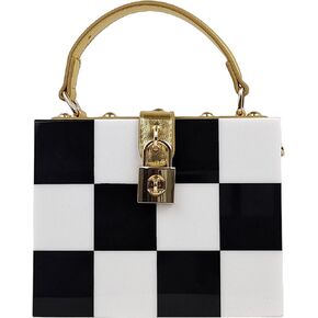 Black White Checkerboard Acrylic Clutch Purse Bag Women Box Evening Bags Acrylic Chain Crossbody Handbag(Stitching)