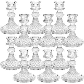 12 Pack Glass Candlestick Holders- Clear Taper Stripe Candle Holders for Candlesticks, 4" H Taper Candle Holders Small Centerpiece for Wedding, Festival, Party & Windowsill Decor