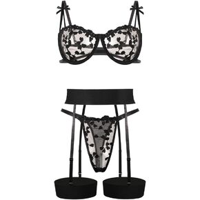 Xmas Women's Sexy Lingerie Set Babydoll Underwear Mesh Embroidered Underwired Teddy Bra Thong Sets with Garters Belt