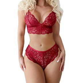 Women's Lace Sexy Lingerie Set Wireless Bra and Babydoll Teddy Panty Set