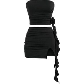 Milumia Women's 2 Pcs Set Flower Ruffle Trim Crop Tube Top and Ruched Mini Skirt