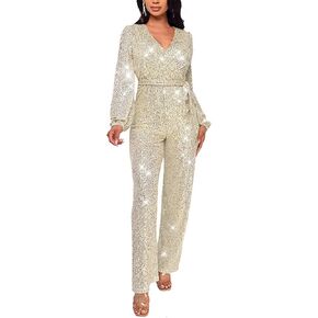 Women's Sparkly Sequin Jumpsuits Sexy V-Neck Long Sleeve Club Rompers High Waisted Wide Leg Pants with Belt