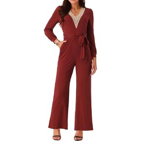 Seta T Women's Long Sleeve V Neck Jumpsuit Belted Stretchy Wide Leg Long Pant Romper with Pockets