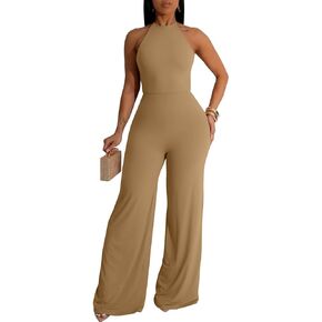 LAGSHIAN Women's Sexy Halter Backless Bodycon Jumpsuits Casual Sleeveless Wide Leg Long Pants Rompers