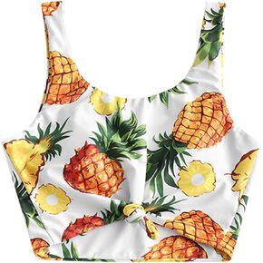 ZAFUL Women's Front Knot Bikini Tops Crop Tankini Top Scoop Neck Padded Bathing Suit Tops Pineapple M in Kuwait