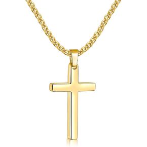 Fiusem Cross Necklace for Men, Gold Plated Mens Cross Necklaces with 2.5mm Cross Chain, 316L Stainless Steel Wheat Chain, 16-24 Inch