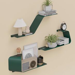 Floating Shelves, Wall Shelf, Set of 3 Wall Mounted Metal Shelves with Unique Design for Wall Storage, Book Shelf, Display Shelves for Bathroom Bedroom Living Room for Home Green