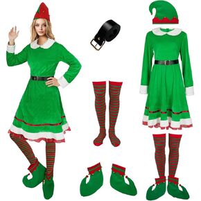 Women’s Elf Costume Set Santa Helper Costume 5 PCS for Christmas