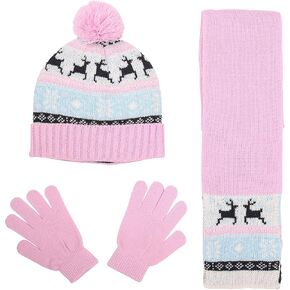 Kids Jacquard Knit Winter Pom Hat, Scarf and Glove Set for Girls