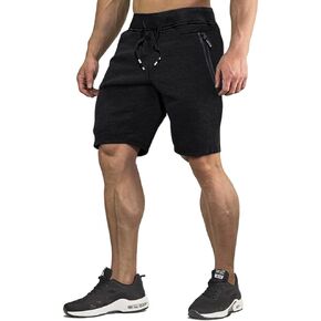 CRYSULLY Men's Cotton Joggers Casual Workout Shorts Running Shorts with Zipper Pockets