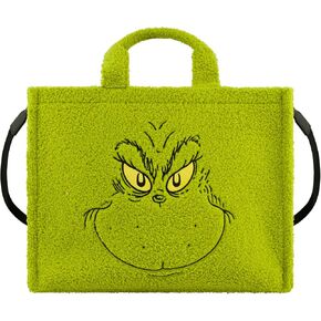 Concept One Dr. Seuss The Grinch Tote Bag, Faux Fur Travel Handbag with Adjustable Shoulder Strap and Trolley Sleeve, Green