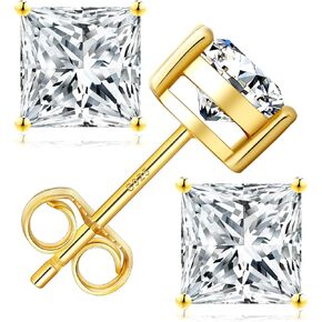 KRKC&CO Moissanite Studs Earrings for Women, 925 Sterling Silver D Color VVS1, Lab Created Princess Cut Diamond White Gold Plated Earring, 0.6ct-2ct Brilliant Jewelry Gift For Her