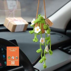 Set 3 Handmade Accessories - Car Mirror Hanging Accessories, Potted Daisy Hand Knitted Car Rearview Mirror Decor, Leaf Sprout Crochet, Lucky Balance Bamboo Dragonfly, Pendant Plant for Gift
