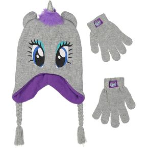 Girls Knitted Animal Beanie Winter Hat and Glove Set Purple Unicorn