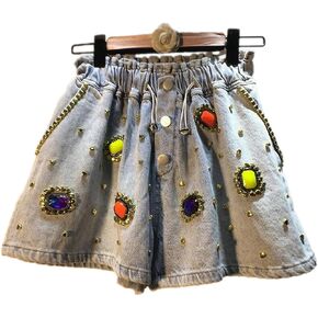 Womens Denim Shorts Hand-Studded Diamond Gold Border Gemstone Elastic Drawstring High Waist Loose Wide Leg Jeans with Pockets