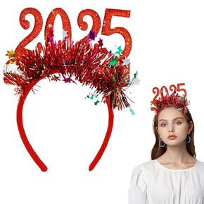 Pvoiue 2025 Happy New Years Eve Party Headband - Christmas Headband - Festive Party Dress-Up Hairband, Star and Tinsel Embellishments - New Year's Eve Celebration Accessory 1Pcs Silver