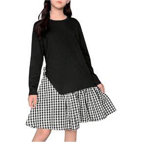SweatyRocks Girl's Bowknot Plaid Dress Long Sleeve Crewneck Patchwork Asymmetrical A Line Dresses