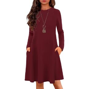 YOVION Girls Fall Long Sleeve Crew Neck Skater A-Line Casual Swing Dress with Pockets for 6-12 Years