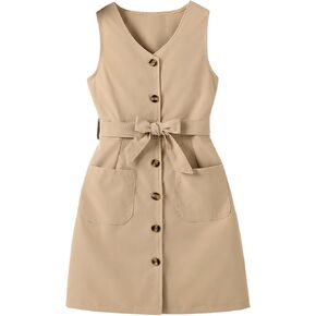 Girl's Sleeveless Button Front Dress V Neck Straight Belted Dress with Pockets