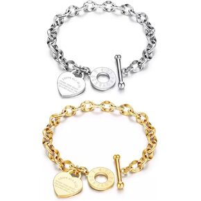 Gold Plated Charm Bracelet for Women, Set of 2 with Heart Charms