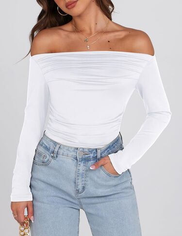 Sarin Mathews Women’s Off The Shoulder Tops Sexy Long Sleeve Shirts Y2K Ruched Slim Fit Going Out T Shirts Top Blouses in Kuwait