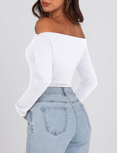 Sarin Mathews Women’s Off The Shoulder Tops Sexy Long Sleeve Shirts Y2K Ruched Slim Fit Going Out T Shirts Top Blouses in Kuwait