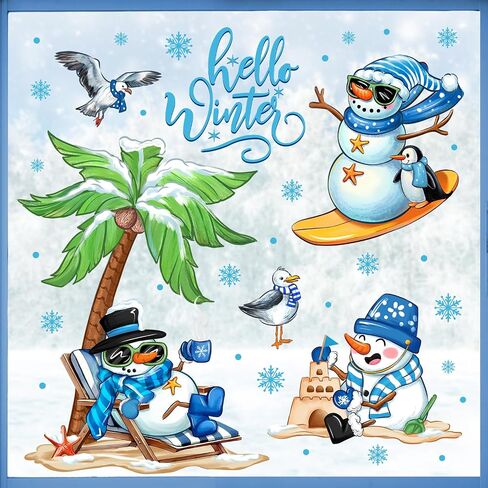 Mfault Hello Winter Beach رجل ثلج نافذة يتمسك 4 أوراق، ساحلية شجرة جوز الهند البطريق النورس ملصقات الشارات الزينة، هاواي الموسمية البحرية ندفة الثلج عيد الميلاد ديكور المنزل المطبخ in Saudi Arabia
