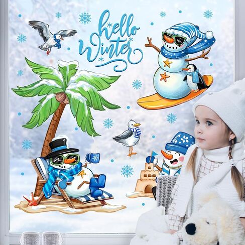 Mfault Hello Winter Beach رجل ثلج نافذة يتمسك 4 أوراق، ساحلية شجرة جوز الهند البطريق النورس ملصقات الشارات الزينة، هاواي الموسمية البحرية ندفة الثلج عيد الميلاد ديكور المنزل المطبخ in Saudi Arabia
