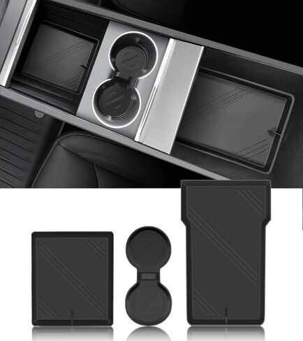 For Tesla Model S/X Cup Coaster, Upper & Lower Center Console Organizer Mat and Armrest Storage Pad - Non-Slip Fully Set Console Silicone Mats Interior for Tesla Model X/S 2024 2023 2022 - Black (4PC) in Saudi Arabia