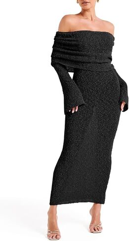 Saodimallsu Womens Off Shoulder Summer Maxi Dress Bell Long Sleeve Sexy Bodycon Strapless Sheer Beach Swimsuit Coverup in Kuwait