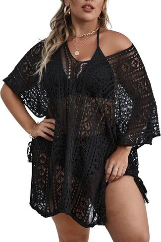 SOLY HUX Women's Plus Size Short Sleeve Hollow Out Split Beach Swimsuit Bikini Cover Up in Saudi Arabia