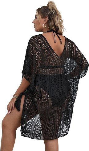 SOLY HUX Women's Plus Size Short Sleeve Hollow Out Split Beach Swimsuit Bikini Cover Up in Saudi Arabia
