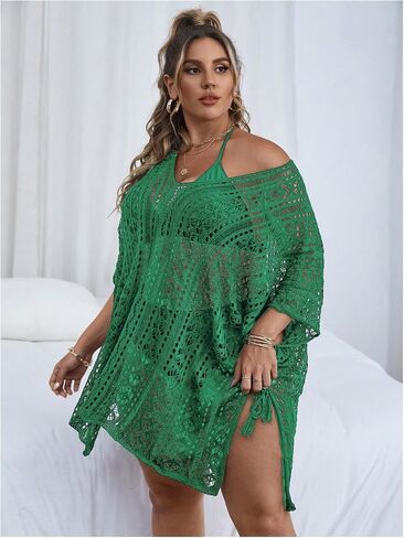 SOLY HUX Women's Plus Size Short Sleeve Hollow Out Split Beach Swimsuit Bikini Cover Up in Saudi Arabia