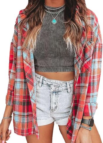 Flamingals Womens Plaid Shirt Long Sleeve Flannel Shirts Jacket Button Down Business Casual Trendy Spring Tops in Saudi Arabia