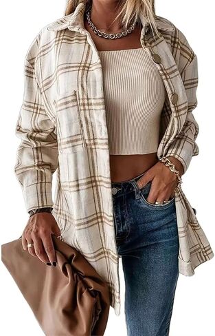 Flamingals Womens Plaid Shirt Long Sleeve Flannel Shirts Jacket Button Down Business Casual Trendy Spring Tops in Saudi Arabia