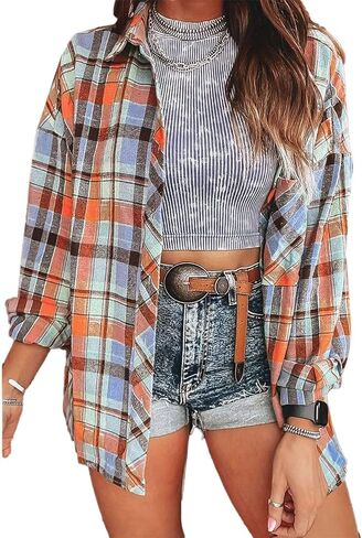 Flamingals Womens Plaid Shirt Long Sleeve Flannel Shirts Jacket Button Down Business Casual Trendy Spring Tops in Saudi Arabia